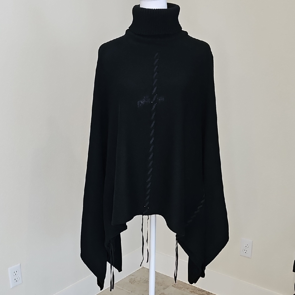 Chico's Design Black Faux Suede Trim Turtleneck Poncho, Sweater Sz M/L